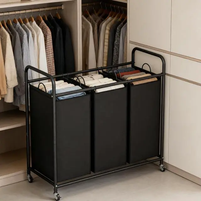 Alt view image 3 of 7 - 3 Section Laundry Hamper, Black Laundry Basket 135L Laundry Sorter | Laundry Room Organization with Heavy Duty Rolling Lockable Wheels and Removable Bag, Bedroom Laundry Cart for Clothes Storage