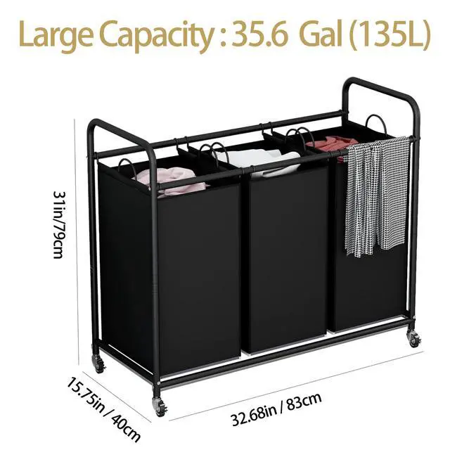 Alt view image 4 of 7 - 3 Section Laundry Hamper, Black Laundry Basket 135L Laundry Sorter | Laundry Room Organization with Heavy Duty Rolling Lockable Wheels and Removable Bag, Bedroom Laundry Cart for Clothes Storage