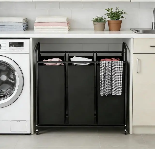 Alt view image 5 of 7 - 3 Section Laundry Hamper, Black Laundry Basket 135L Laundry Sorter | Laundry Room Organization with Heavy Duty Rolling Lockable Wheels and Removable Bag, Bedroom Laundry Cart for Clothes Storage