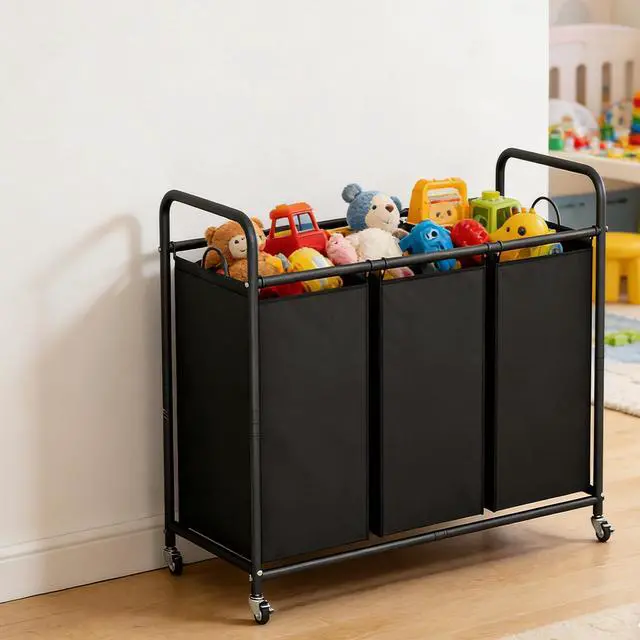 Alt view image 6 of 7 - 3 Section Laundry Hamper, Black Laundry Basket 135L Laundry Sorter | Laundry Room Organization with Heavy Duty Rolling Lockable Wheels and Removable Bag, Bedroom Laundry Cart for Clothes Storage