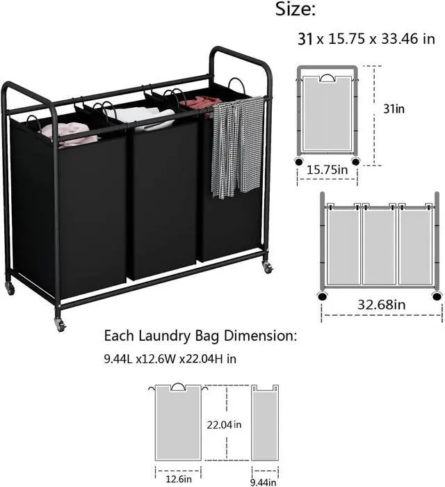Alt view image 7 of 7 - 3 Section Laundry Hamper, Black Laundry Basket 135L Laundry Sorter | Laundry Room Organization with Heavy Duty Rolling Lockable Wheels and Removable Bag, Bedroom Laundry Cart for Clothes Storage