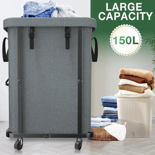 Alt view image 2 of 6 - Laundry Hamper with Lid,150L Rolling Laundry Basket with Wheels,Grey | Dirty Clothes Hamper with Metal Frame and Removable Bag Design,Large Rolling Hampers for Laundry Room, Bedroom,Dorm