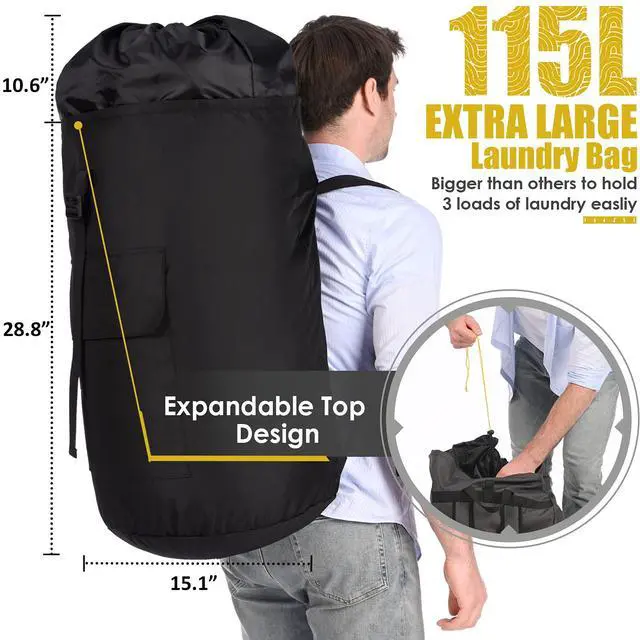 Alt view image 3 of 6 - Backpack Laundry Bag, 115L Heavy Duty Extra Large College Laundry Backpack, Dirty Clothes Bag with Shoulder Straps, Laundry Hamper Bag with Drawstring Closure for College Dorm, Apartment Black