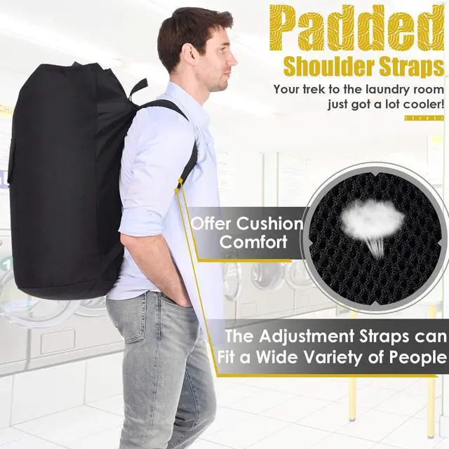 Alt view image 4 of 6 - Backpack Laundry Bag, 115L Heavy Duty Extra Large College Laundry Backpack, Dirty Clothes Bag with Shoulder Straps, Laundry Hamper Bag with Drawstring Closure for College Dorm, Apartment Black