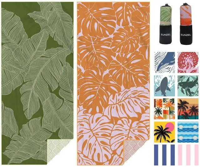 Main image of 2 Pack Microfiber Beach Towel, Quick Dry Travel Towel Large Sand Free Towel for Beach, Camping, Swim Pool, Gym, Sports& Yoga 71"x32", Palm