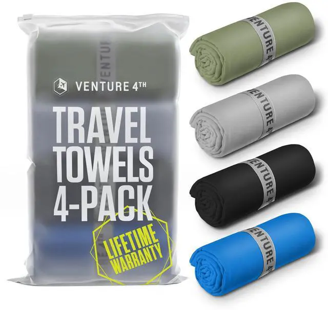 Main image of 4-Pack Quick Dry Microfiber Towels - Multicolor Medium | Absorbs 7x more than cotton. Fast-drying, odor-resistant microfiber. Lightweight, compact & easy to pack for any trip.
