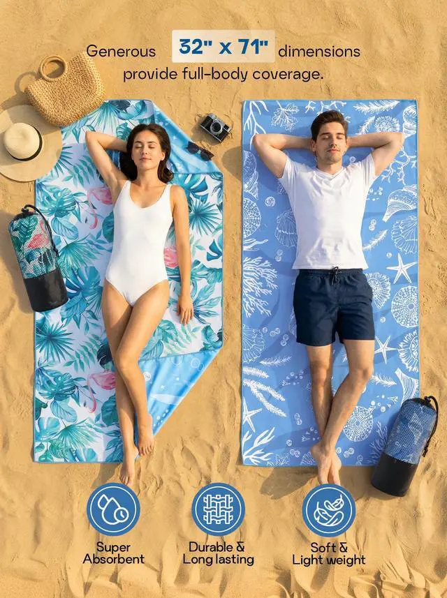 Alt view image 2 of 7 - Thin Lightweight Microfiber Beach Towel 2 Pack 32x71 Inch | Sand Free, Absorbent, Extra Large, Compact, With Travel Bag, Quick Dry for Beach, Pool, Camping, Picnic, Travel & Outdoor Use
