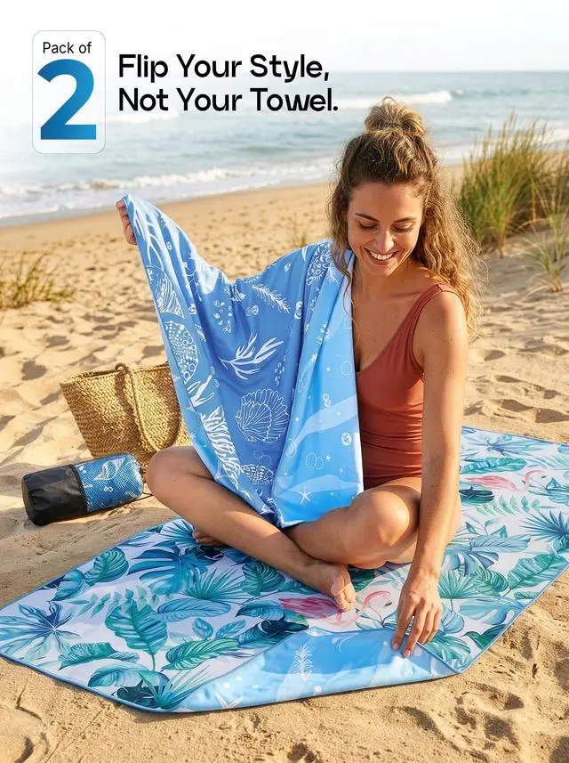 Alt view image 3 of 7 - Thin Lightweight Microfiber Beach Towel 2 Pack 32x71 Inch | Sand Free, Absorbent, Extra Large, Compact, With Travel Bag, Quick Dry for Beach, Pool, Camping, Picnic, Travel & Outdoor Use