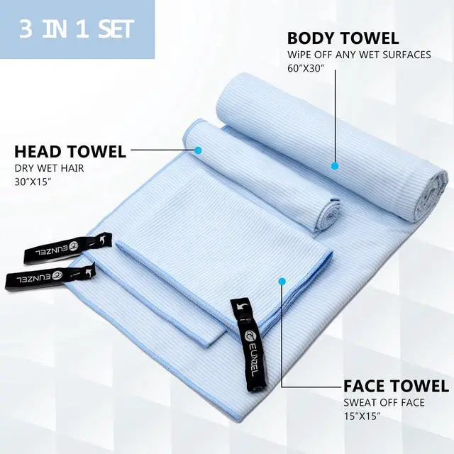 Alt view image 3 of 6 - Quick Dry Camping Towel, Microfibre Ribbed Towel Travel Towel 3 Sizes 1 Pack Fast Drying Towel Set for Camping, Beach, Gym, Sports, Yoga & Swimming Pool, Blue