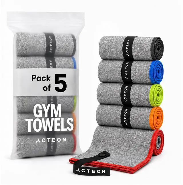 Main image of Microfiber Gym Towels 5 Pack, Quick Dry Silver ION Odor-Free Sweat Towel, Super Absorbent Fast Drying for Men & Women, Workout, Yoga, Running, Hiking, Travel 16x30.5 Inch
