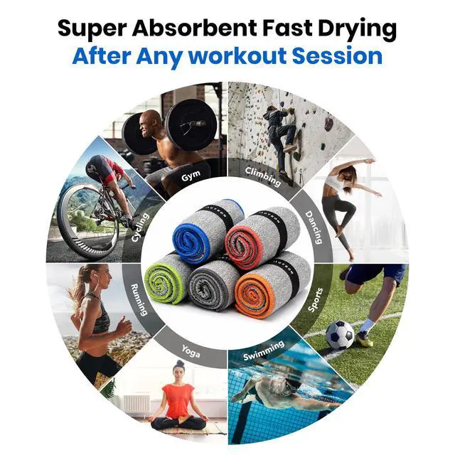 Alt view image 3 of 7 - Microfiber Gym Towels 5 Pack, Quick Dry Silver ION Odor-Free Sweat Towel, Super Absorbent Fast Drying for Men & Women, Workout, Yoga, Running, Hiking, Travel 16x30.5 Inch