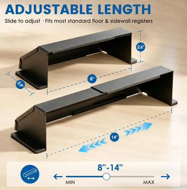 Alt view image 2 of 7 - Metal Air Vent Deflector for Floor & Wall Registers | Magnetic Vent Deflector Heavy Duty Heat Resistant HVAC AC Vent Redirector, Adjustable 8 to 14 Inch with Screws,1 Pack,Black