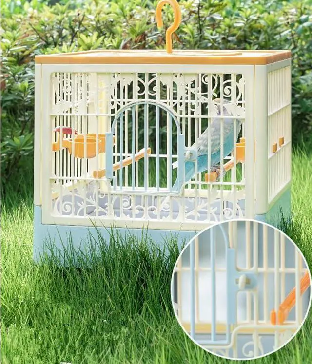 Alt view image 3 of 7 - Portable Foldable Bird Cage - 360° Full View Bird Cage for Travel | with Hook/Food Bowl/Perch, Slide-Out Tray for Easy Cleaning,outdoor carrier (Includes Carrying Hook)