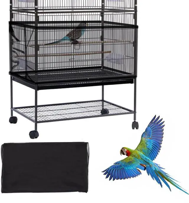 Main image of Large Bird Cage Cover, Bird Cage Seed Catcher, Adjustable Soft Airy Nylon Mesh Net, Birdcage Cover Skirt Seed Guard for Parrot Parakeet Macaw African Round Square Cages (Black)