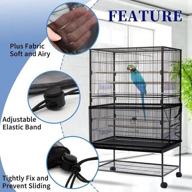 Alt view image 4 of 7 - Large Bird Cage Cover, Bird Cage Seed Catcher, Adjustable Soft Airy Nylon Mesh Net, Birdcage Cover Skirt Seed Guard for Parrot Parakeet Macaw African Round Square Cages (Black)