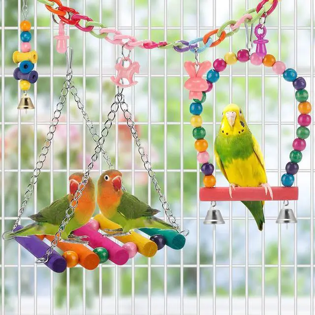 Alt view image 3 of 6 - Bird Parakeet Toys - Swing Hanging Standing Chewing Hammock Climbing Ladder Bird Cage Colorful Toys Suitable for Budgerigar, Parakeet, Conure, Cockatiel, Mynah, Love Birds, Finches
