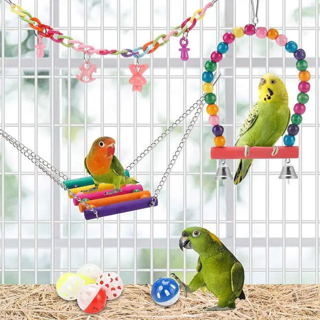 Alt view image 5 of 6 - Bird Parakeet Toys - Swing Hanging Standing Chewing Hammock Climbing Ladder Bird Cage Colorful Toys Suitable for Budgerigar, Parakeet, Conure, Cockatiel, Mynah, Love Birds, Finches