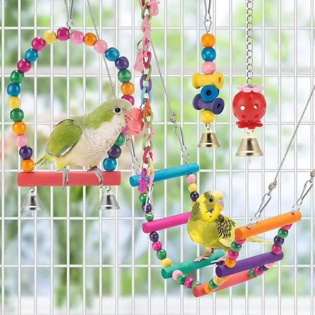 Alt view image 6 of 6 - Bird Parakeet Toys - Swing Hanging Standing Chewing Hammock Climbing Ladder Bird Cage Colorful Toys Suitable for Budgerigar, Parakeet, Conure, Cockatiel, Mynah, Love Birds, Finches