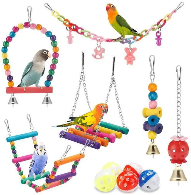 Main image of Bird Parakeet Toys - Swing Hanging Standing Chewing Hammock Climbing Ladder Bird Cage Colorful Toys Suitable for Budgerigar, Parakeet, Conure, Cockatiel, Mynah, Love Birds, Finches