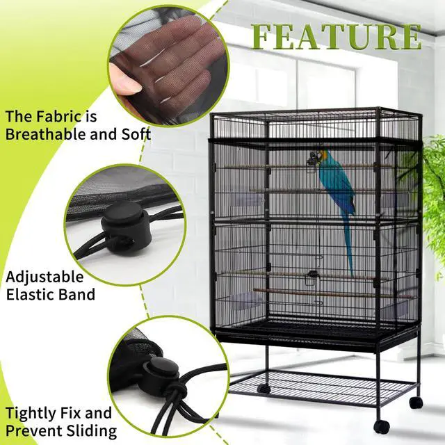 Alt view image 4 of 7 - Bird Cage Seed Catcher, Large Bird Cage Cover, Adjustable Soft Airy Nylon Mesh Net, Birdcage Cover Skirt Seed Guard for Parrot Parakeet Macaw African Round Square Cages (Black)