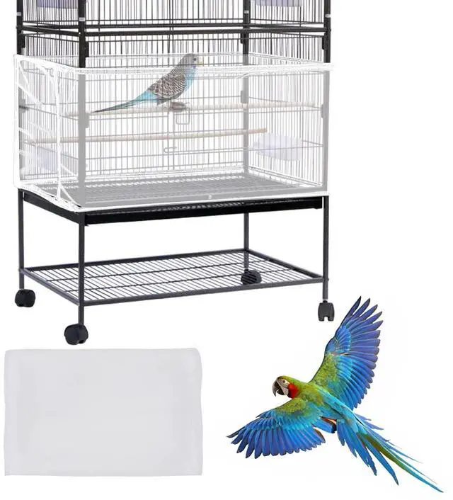 Main image of Large Bird Cage Cover, Bird Cage Seed Catcher, Adjustable Soft Airy Nylon Mesh Net, Birdcage Cover Skirt Seed Guard for Parrot Parakeet Macaw African Round Square Cages (White)