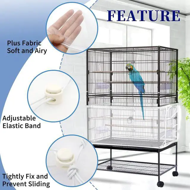 Alt view image 4 of 7 - Large Bird Cage Cover, Bird Cage Seed Catcher, Adjustable Soft Airy Nylon Mesh Net, Birdcage Cover Skirt Seed Guard for Parrot Parakeet Macaw African Round Square Cages (White)