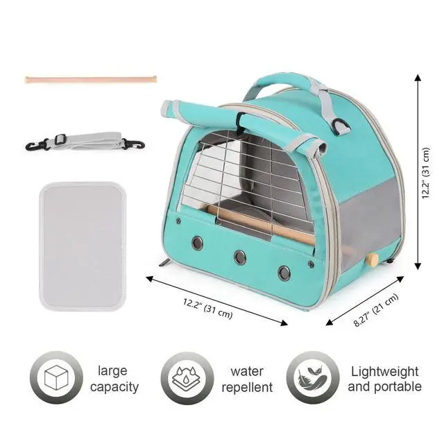 Alt view image 2 of 6 - Bird Travel Carrier Cage, with Stainless Steel Metal Window and Wood Perch, Portable Bag for Cockatiel Parakeet Conure Green Cheek Budgie (Green, Steel Window)