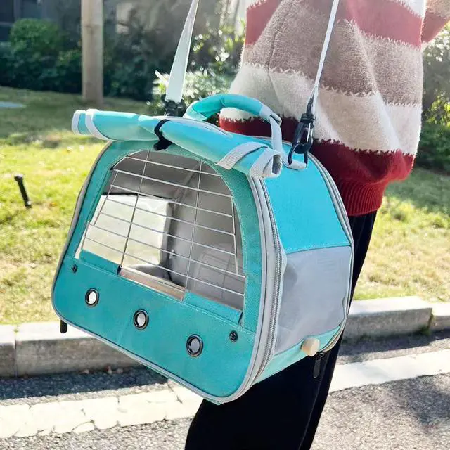 Alt view image 4 of 6 - Bird Travel Carrier Cage, with Stainless Steel Metal Window and Wood Perch, Portable Bag for Cockatiel Parakeet Conure Green Cheek Budgie (Green, Steel Window)