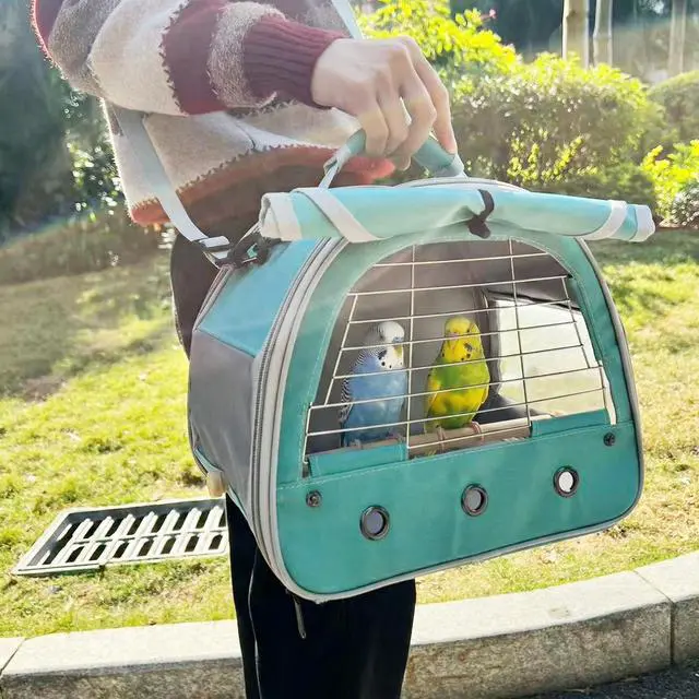 Alt view image 5 of 6 - Bird Travel Carrier Cage, with Stainless Steel Metal Window and Wood Perch, Portable Bag for Cockatiel Parakeet Conure Green Cheek Budgie (Green, Steel Window)