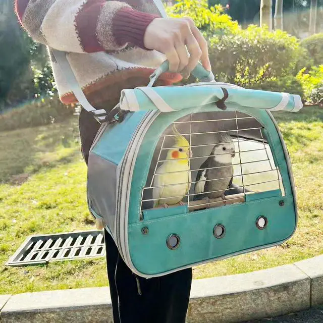 Alt view image 6 of 6 - Bird Travel Carrier Cage, with Stainless Steel Metal Window and Wood Perch, Portable Bag for Cockatiel Parakeet Conure Green Cheek Budgie (Green, Steel Window)