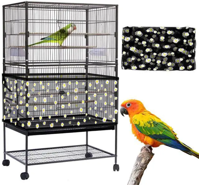 Main image of Large Bird Cage Cover, Bird Cage Seed Catcher, Adjustable Soft Nylon Mesh Net with Daisy Pattern, Birdcage Cover Skirt Seed Guard for Parrot Parakeet Macaw Round Square Cages (Black)