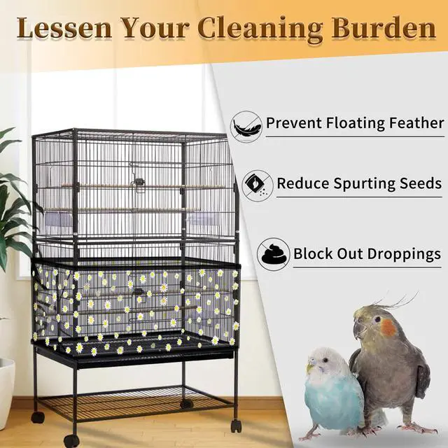 Alt view image 2 of 7 - Large Bird Cage Cover, Bird Cage Seed Catcher, Adjustable Soft Nylon Mesh Net with Daisy Pattern, Birdcage Cover Skirt Seed Guard for Parrot Parakeet Macaw Round Square Cages (Black)