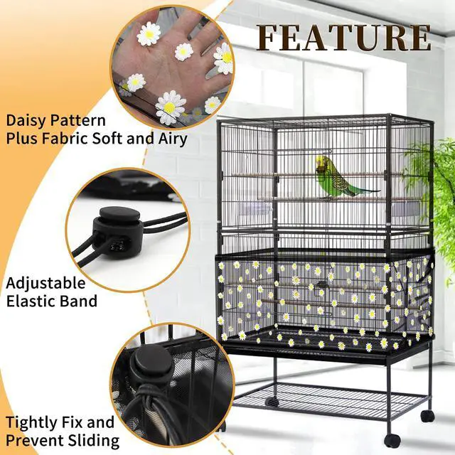 Alt view image 4 of 7 - Large Bird Cage Cover, Bird Cage Seed Catcher, Adjustable Soft Nylon Mesh Net with Daisy Pattern, Birdcage Cover Skirt Seed Guard for Parrot Parakeet Macaw Round Square Cages (Black)