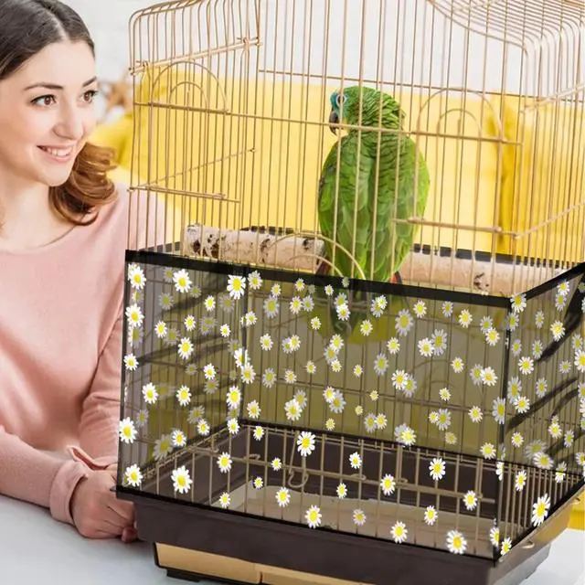 Alt view image 6 of 7 - Large Bird Cage Cover, Bird Cage Seed Catcher, Adjustable Soft Nylon Mesh Net with Daisy Pattern, Birdcage Cover Skirt Seed Guard for Parrot Parakeet Macaw Round Square Cages (Black)