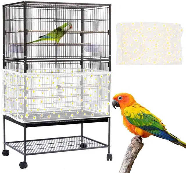 Main image of Large Bird Cage Cover, Bird Cage Seed Catcher, Adjustable Soft Nylon Mesh Net with Daisy Pattern, Birdcage Cover Skirt Seed Guard for Parrot Parakeet Macaw Round Square Cages (White)