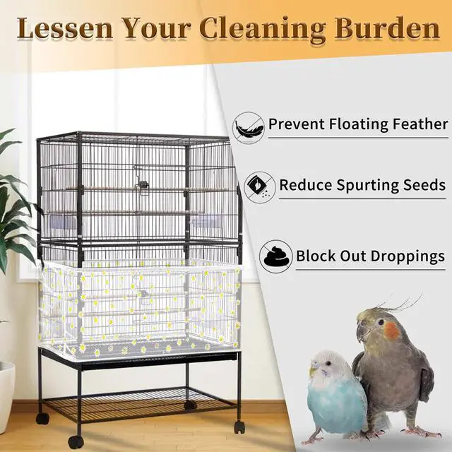 Alt view image 2 of 7 - Large Bird Cage Cover, Bird Cage Seed Catcher, Adjustable Soft Nylon Mesh Net with Daisy Pattern, Birdcage Cover Skirt Seed Guard for Parrot Parakeet Macaw Round Square Cages (White)