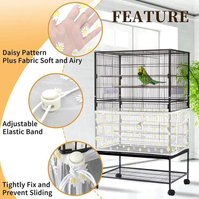 Alt view image 4 of 7 - Large Bird Cage Cover, Bird Cage Seed Catcher, Adjustable Soft Nylon Mesh Net with Daisy Pattern, Birdcage Cover Skirt Seed Guard for Parrot Parakeet Macaw Round Square Cages (White)