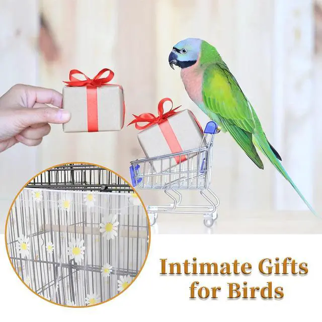 Alt view image 5 of 7 - Large Bird Cage Cover, Bird Cage Seed Catcher, Adjustable Soft Nylon Mesh Net with Daisy Pattern, Birdcage Cover Skirt Seed Guard for Parrot Parakeet Macaw Round Square Cages (White)