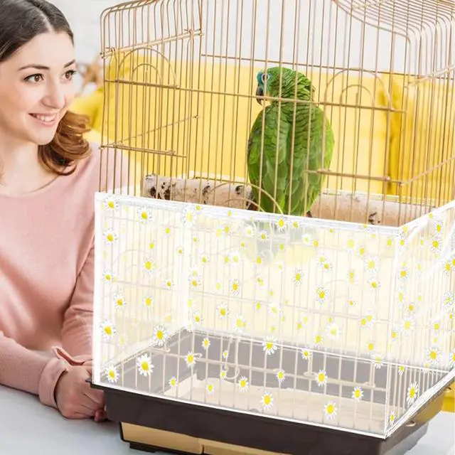 Alt view image 6 of 7 - Large Bird Cage Cover, Bird Cage Seed Catcher, Adjustable Soft Nylon Mesh Net with Daisy Pattern, Birdcage Cover Skirt Seed Guard for Parrot Parakeet Macaw Round Square Cages (White)