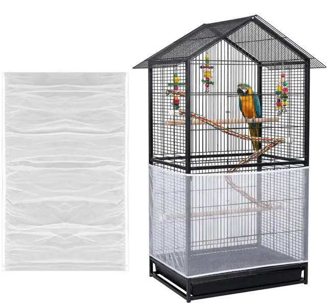 Main image of Large Bird Cage Seed Catcher Adjustable Soft Airy Skirt Guard Birdcage Nylon Mesh Net, White Bird Cage Net Cover Skirt Seed Guard for Parrot Parakeet Macaw Round Square Cages
