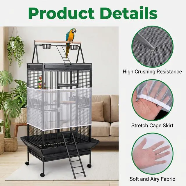 Alt view image 3 of 7 - Large Bird Cage Seed Catcher Adjustable Soft Airy Skirt Guard Birdcage Nylon Mesh Net, White Bird Cage Net Cover Skirt Seed Guard for Parrot Parakeet Macaw Round Square Cages