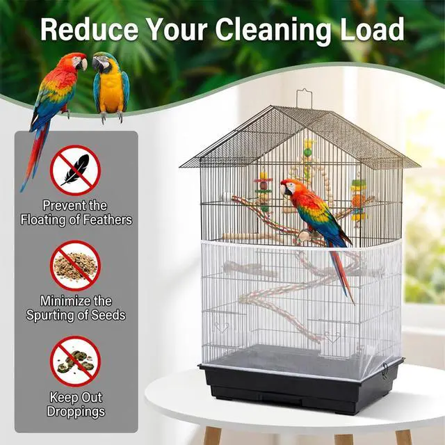 Alt view image 4 of 7 - Large Bird Cage Seed Catcher Adjustable Soft Airy Skirt Guard Birdcage Nylon Mesh Net, White Bird Cage Net Cover Skirt Seed Guard for Parrot Parakeet Macaw Round Square Cages