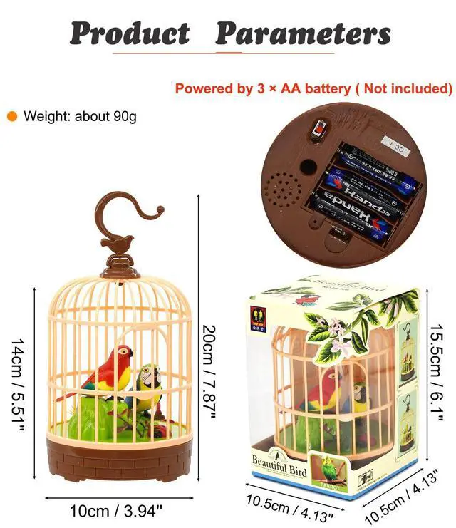 Alt view image 2 of 6 - Voice-Activated Mini Birdcage Toy Birds - Chirping & Wings Fluttering | with 2 Singing Realistic Parrot Birds, Farmhouse Home Decor, Christmas Birthday Gifts for Baby Toddler Kids Children