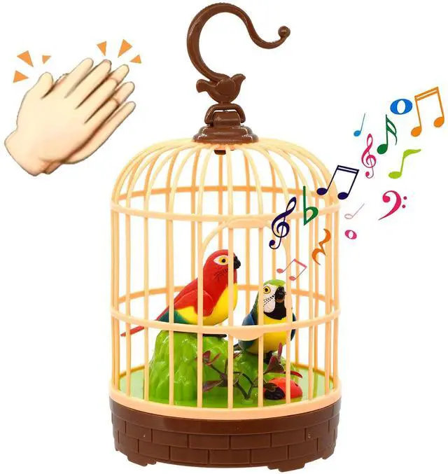 Main image of Voice-Activated Mini Birdcage Toy Birds - Chirping & Wings Fluttering | with 2 Singing Realistic Parrot Birds, Farmhouse Home Decor, Christmas Birthday Gifts for Baby Toddler Kids Children