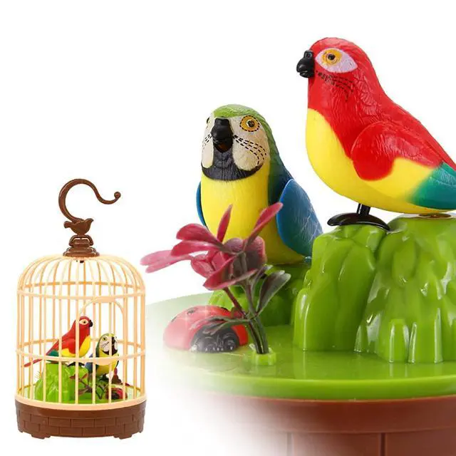 Alt view image 4 of 6 - Voice-Activated Mini Birdcage Toy Birds - Chirping & Wings Fluttering | with 2 Singing Realistic Parrot Birds, Farmhouse Home Decor, Christmas Birthday Gifts for Baby Toddler Kids Children