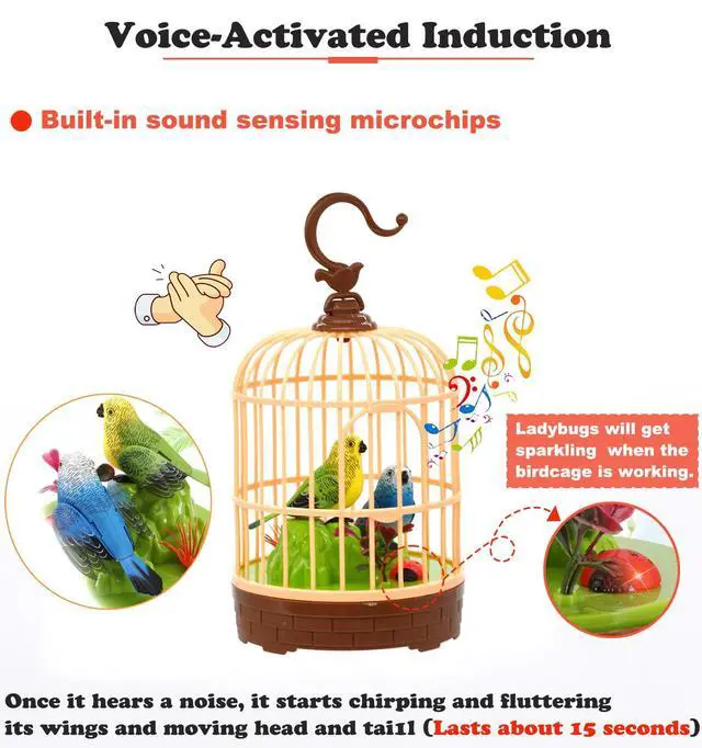 Alt view image 3 of 6 - Voice-Activated Mini Birdcage Toy Birds - Chirping & Wings Fluttering | with 2 Singing Realistic Parrot Birds, Farmhouse Home Decor, Christmas Birthday Gifts for Baby Toddler Kids Children