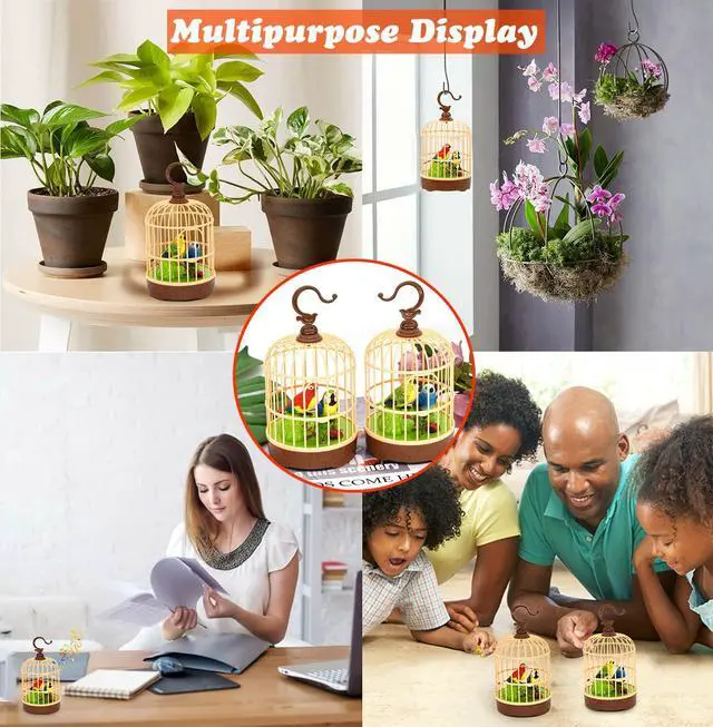 Alt view image 6 of 6 - Voice-Activated Mini Birdcage Toy Birds - Chirping & Wings Fluttering | with 2 Singing Realistic Parrot Birds, Farmhouse Home Decor, Christmas Birthday Gifts for Baby Toddler Kids Children