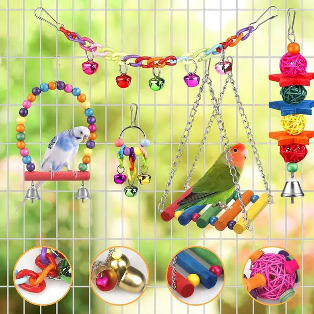 Alt view image 2 of 6 - Bird Toys for Conures with Colorful Ladder Hammock Bird Cage Accerious Bird Perch Stand Chewing Toys Hanging Bell for Parrot Parakeet Cockatiel Lovebirds