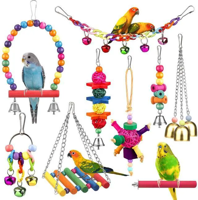 Main image of Bird Toys for Conures with Colorful Ladder Hammock Bird Cage Accerious Bird Perch Stand Chewing Toys Hanging Bell for Parrot Parakeet Cockatiel Lovebirds