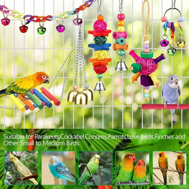 Alt view image 3 of 6 - Bird Toys for Conures with Colorful Ladder Hammock Bird Cage Accerious Bird Perch Stand Chewing Toys Hanging Bell for Parrot Parakeet Cockatiel Lovebirds